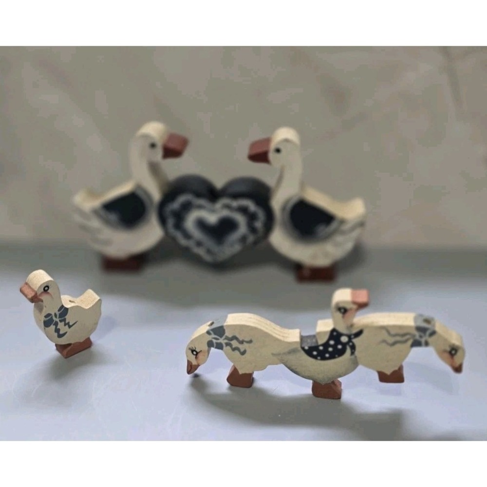 Vintage Cottage Country Set Of Wooden Geese Wooden Handpainted Blue White Hearts